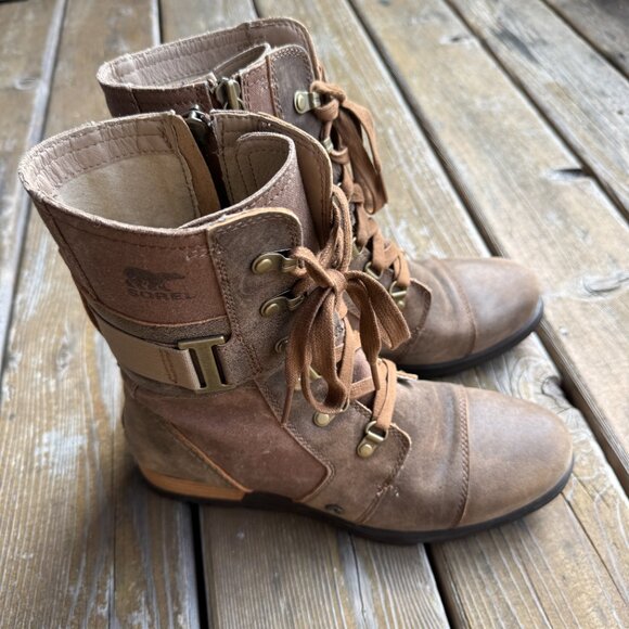 Sorel Major Carly Brown Leather & Canvas Lace Up Side Zip Combat Boots Womens 9 - Picture 2 of 15
